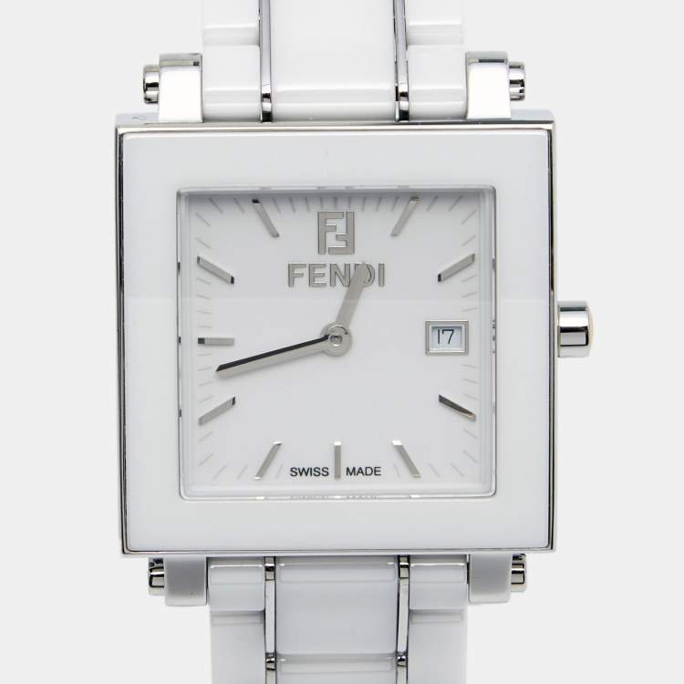 Pre Owned Fendi White Ceramic Stainless Steel Quadro 6200G Unisex Wristwatch 30 mm