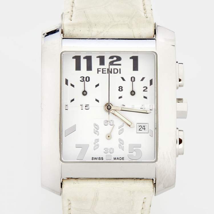 Pre Owned Fendi White Stainless Steel Leather Chronograph Orologi 7500G Women's Wristwatch 32 mm
