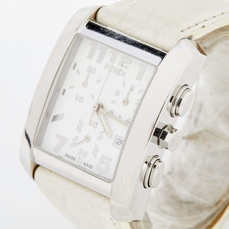 Pre Owned Fendi White Stainless Steel Leather Chronograph Orologi 7500G Women's Wristwatch 32 mm