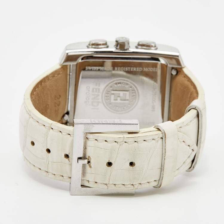Pre Owned Fendi White Stainless Steel Leather Chronograph Orologi 7500G Women's Wristwatch 32 mm