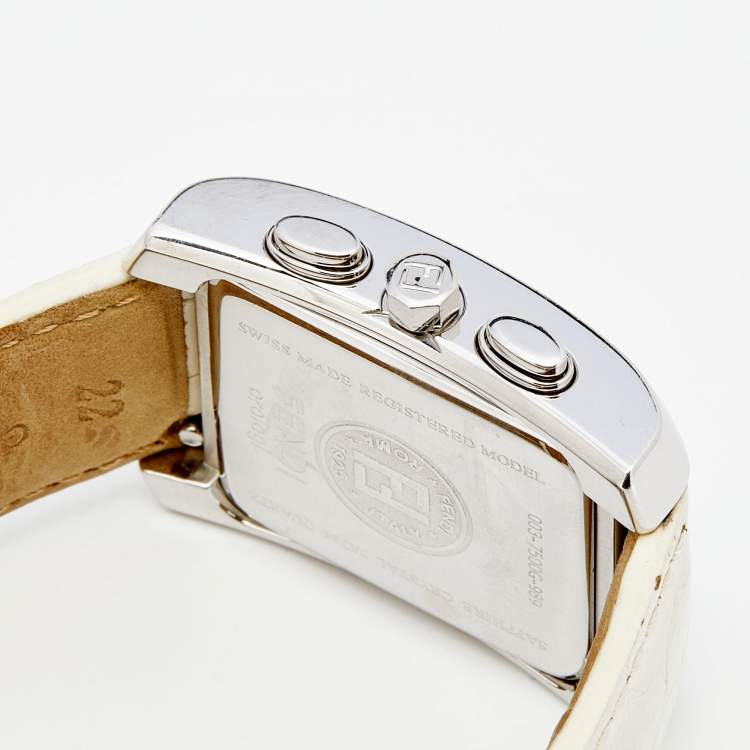 Pre Owned Fendi White Stainless Steel Leather Chronograph Orologi 7500G Women's Wristwatch 32 mm