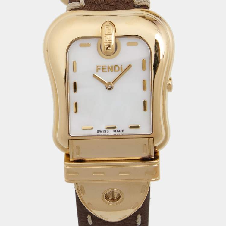 Pre Owned Fendi Mother of Pearl Gold Plated Stainless Steel Leather B.Fendi 3800G Women's Wristwatch 33 mm