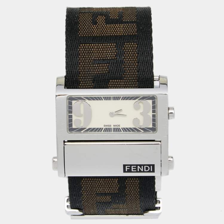 Pre Owned Fendi Cream Stainless Steel Fabric Zip Code 1120L Women's Wristwatch 38 mm
