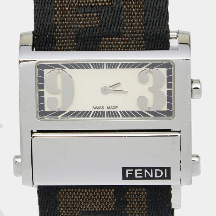 Pre Owned Fendi Cream Stainless Steel Fabric Zip Code 1120L Women's Wristwatch 38 mm