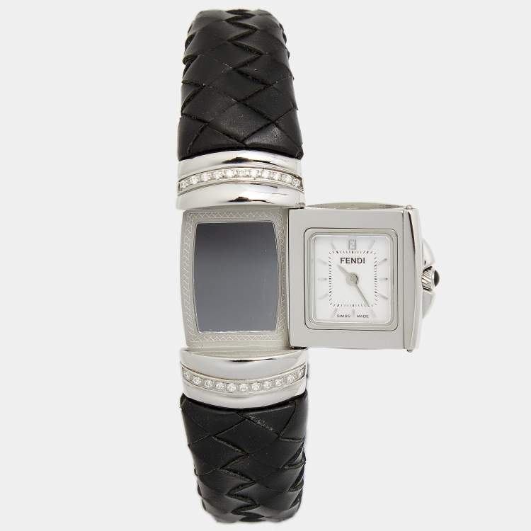 Pre Owned Fendi Mother of Pearl Stainless Steel Calfskin Diamond Spy 9000L Women's Wristwatch 20 mm