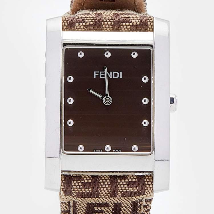 Pre Owned Fendi Brown Stainless Steel Canvas Classic 7000G Women's Wristwatch 27 mm