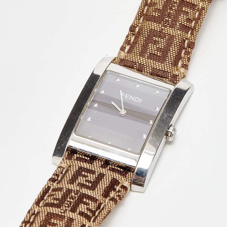Pre Owned Fendi Brown Stainless Steel Canvas Classic 7000G Women's Wristwatch 27 mm