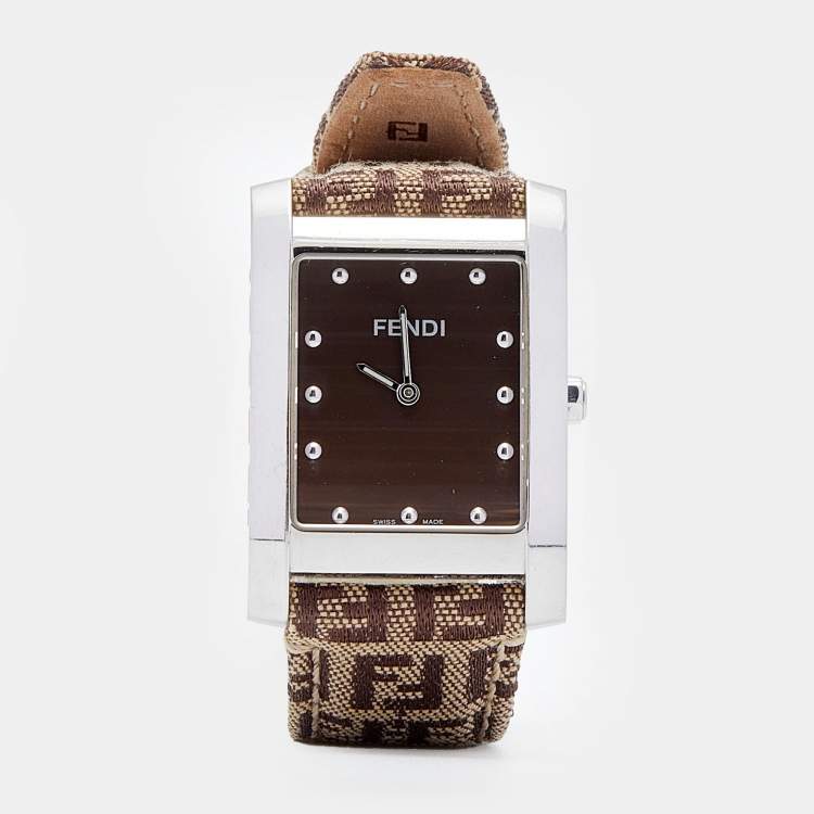 Pre Owned Fendi Brown Stainless Steel Canvas Classic 7000G Women's Wristwatch 27 mm