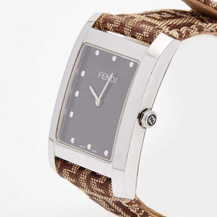 Pre Owned Fendi Brown Stainless Steel Canvas Classic 7000G Women's Wristwatch 27 mm