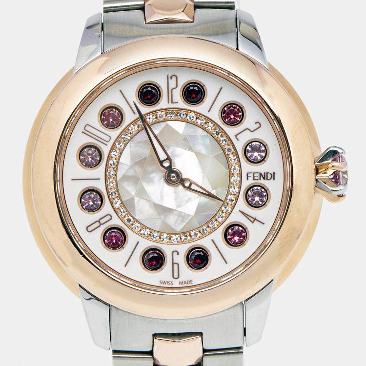 Pre Owned Fendi Mother of Pearl Diamond Topaz Two Tone Stainless Steel iShine F121224500T01 Women's Wristwatch 33 mm