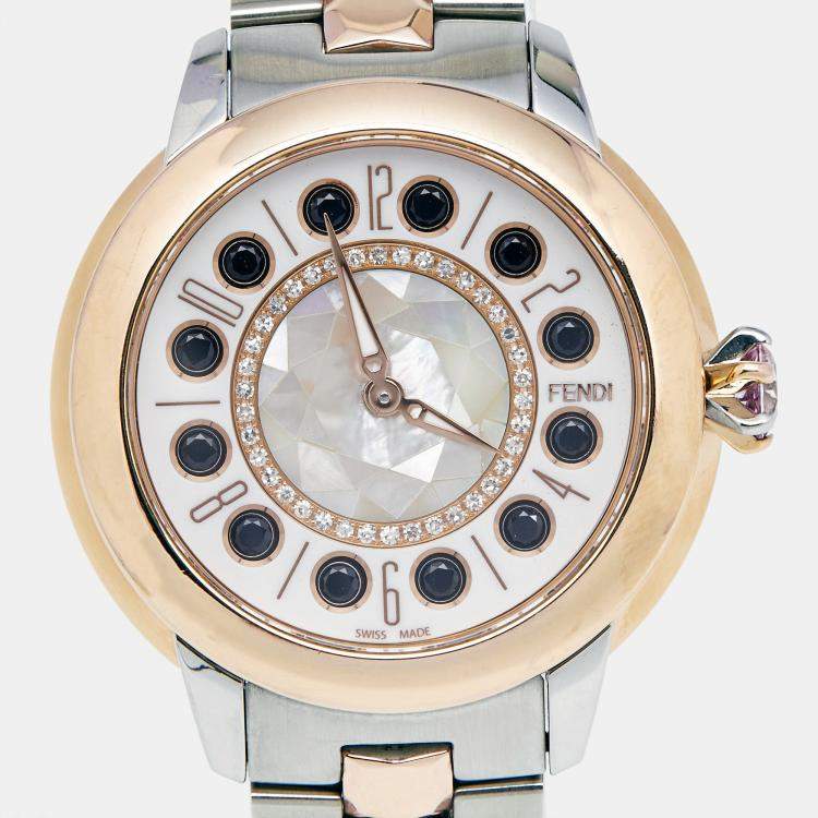 Pre Owned Fendi Mother of Pearl Diamond Topaz Two Tone Stainless Steel iShine F121224500T01 Women's Wristwatch 33 mm