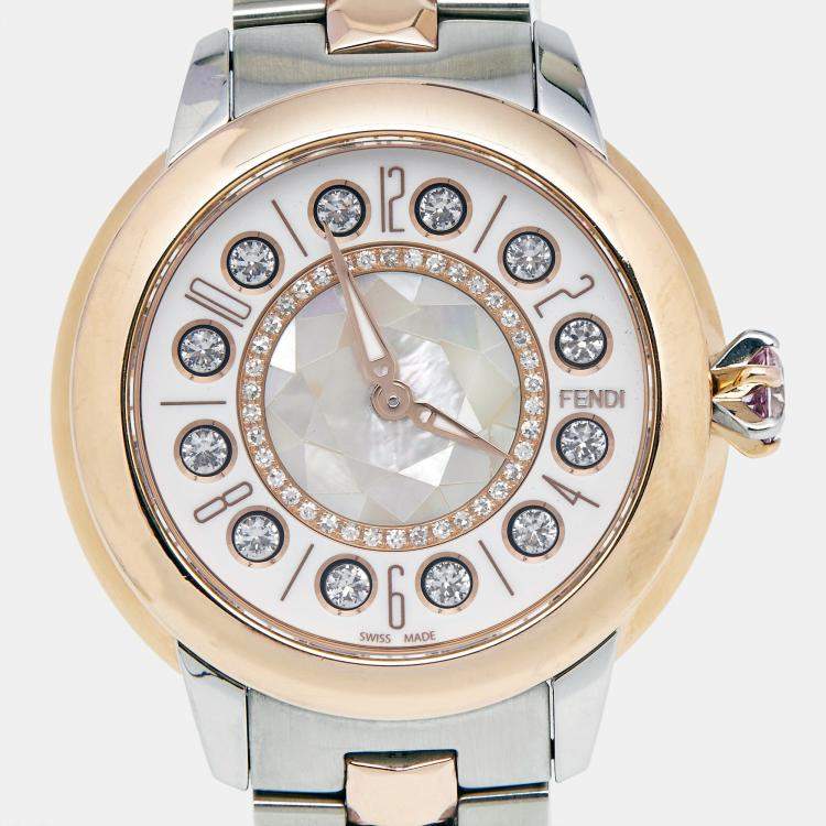 Pre Owned Fendi Mother of Pearl Diamond Topaz Two Tone Stainless Steel iShine F121224500T01 Women's Wristwatch 33 mm