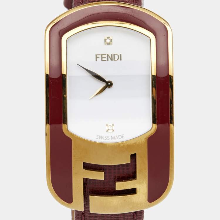 Pre Owned Fendi White Gold Plated Stainless Steel Leather Chameleon 30000M Women's Wristwatch 31 mm