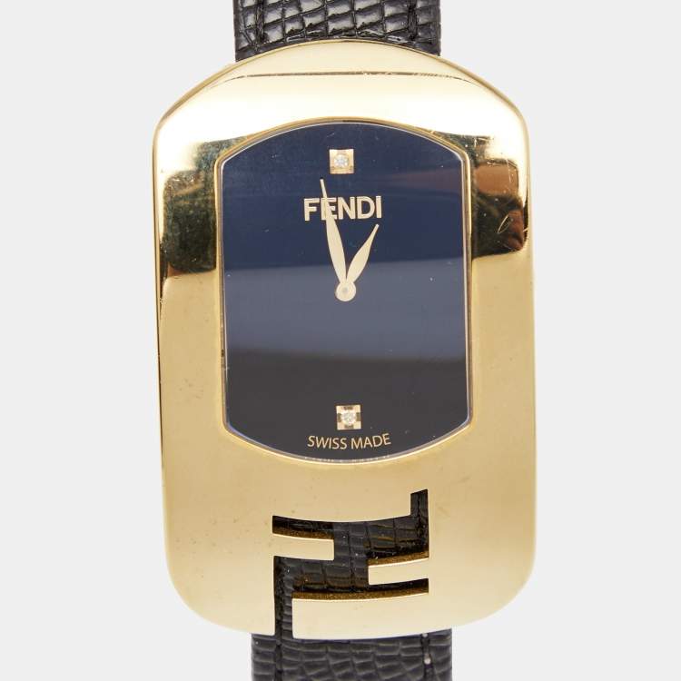 Pre Owned Fendi Black Gold Plated Stainless Steel Leather Chameleon 30000M Women's Wristwatch 29 mm