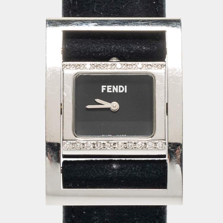 Pre Owned Fendi Black Stainless Steel Leather Diamond Classic 5000 Women's wristwatch 26 mm
