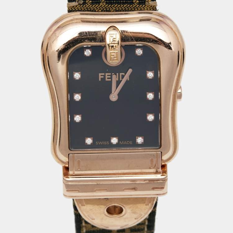 Pre Owned Fendi Black Rose Gold Plated Stainless Steel B.Fendi Canvas 3800G Women's Wristwatch 32MM