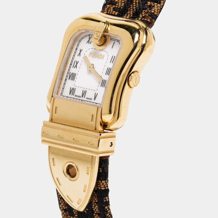 Pre Owned Fendi Mother of Peal Gold Plated Stainless Steel Canvas B.Fendi 3800G Women's Wristwatch 23 mm