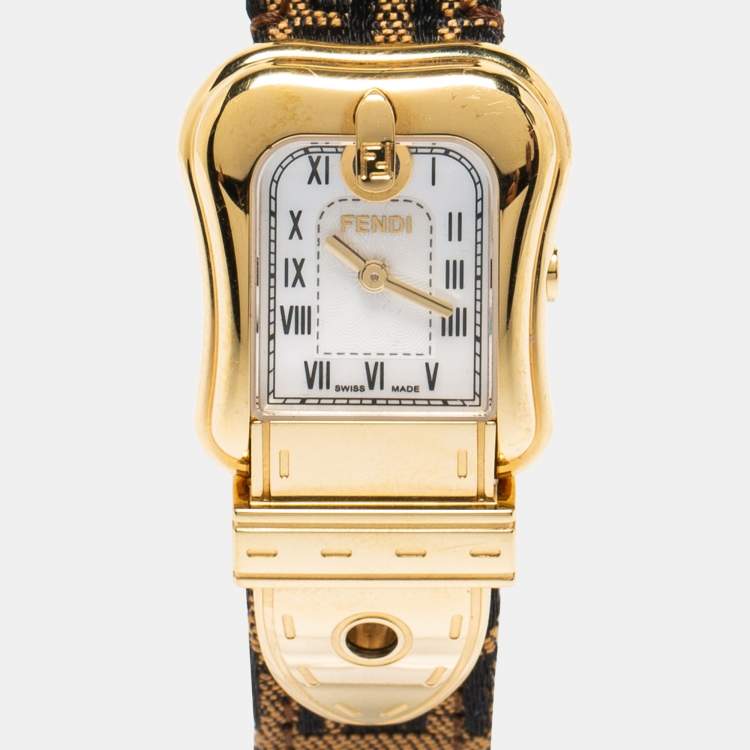 Pre Owned Fendi Mother of Peal Gold Plated Stainless Steel Canvas B.Fendi 3800G Women's Wristwatch 23 mm