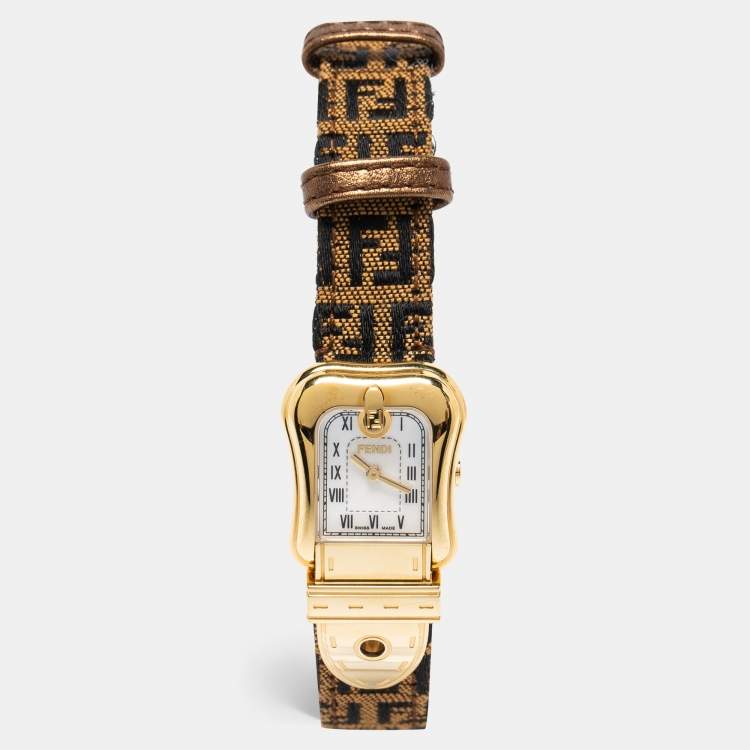 Pre Owned Fendi Mother of Peal Gold Plated Stainless Steel Canvas B.Fendi 3800G Women's Wristwatch 23 mm