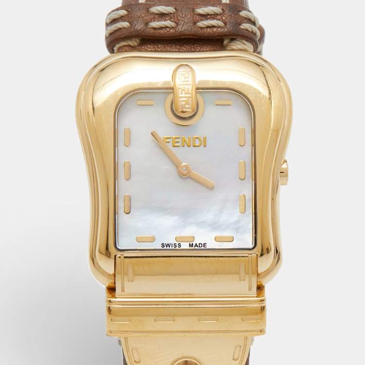 Pre Owned Fendi Mother of Pearl Gold Plated Leather B.Fendi 3800G Women's Wristwatch 33 mm
