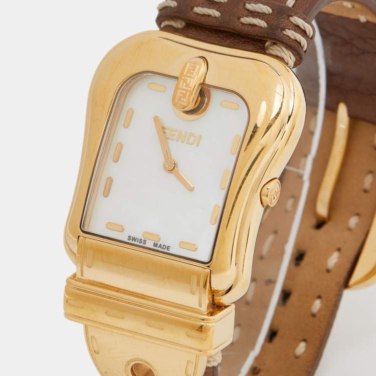 Pre Owned Fendi Mother of Pearl Gold Plated Leather B.Fendi 3800G Women's Wristwatch 33 mm