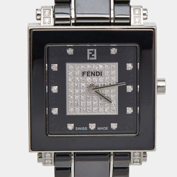 Pre Owned Fendi Black Ceramic Stainless Steel Diamond Quadro 6200G Women's Wristwatch 30 mm