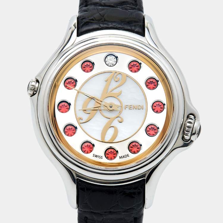Pre Owned Fendi Mother of Pearl Stainless Steel Leather Crazy Carats 10500M Women's Wristwatch 38 mm