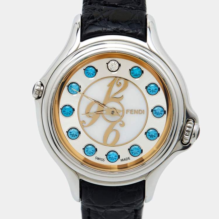 Pre Owned Fendi Mother of Pearl Stainless Steel Leather Crazy Carats 10500M Women's Wristwatch 38 mm