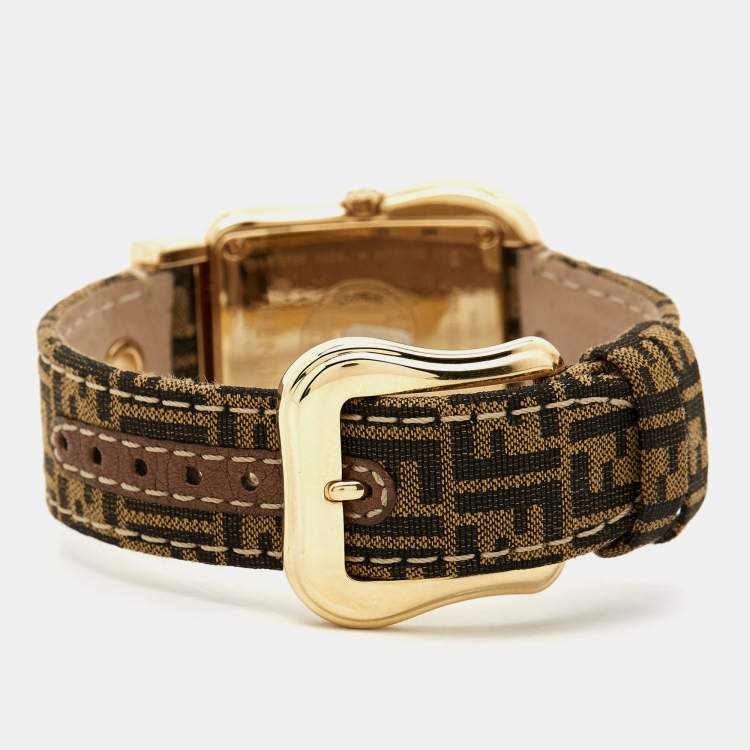 Pre Owned Fendi Black Yellow Gold Plated Stainless Steel Canvas B.Fendi 3800G Women's Wristwatch 33 mm