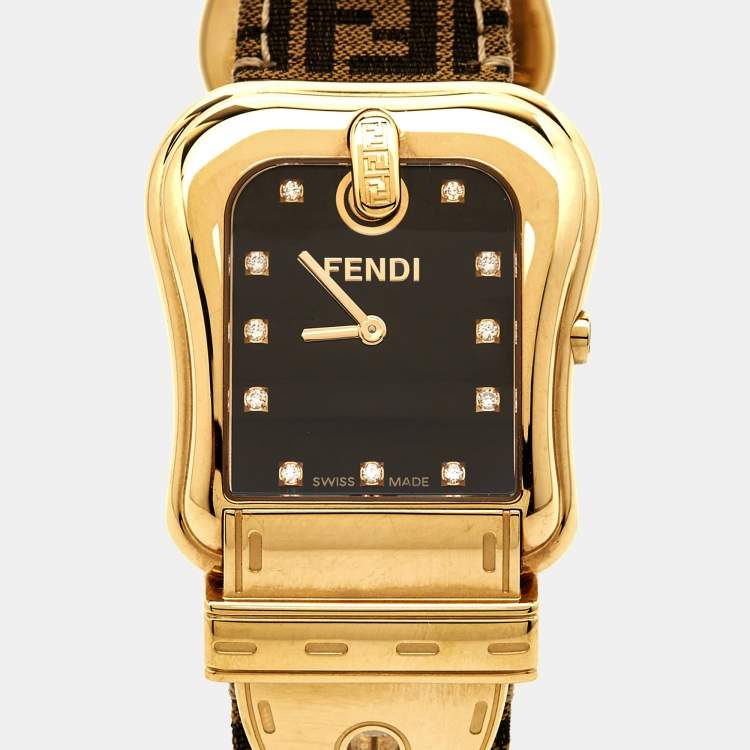 Pre Owned Fendi Black Yellow Gold Plated Stainless Steel Canvas B.Fendi 3800G Women's Wristwatch 33 mm