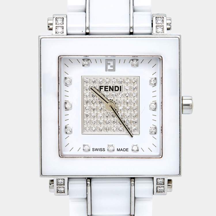 Pre Owned Fendi White Ceramic Stainless Steel Diamonds Quadro 6200G Women's Wristwatch 30 mm