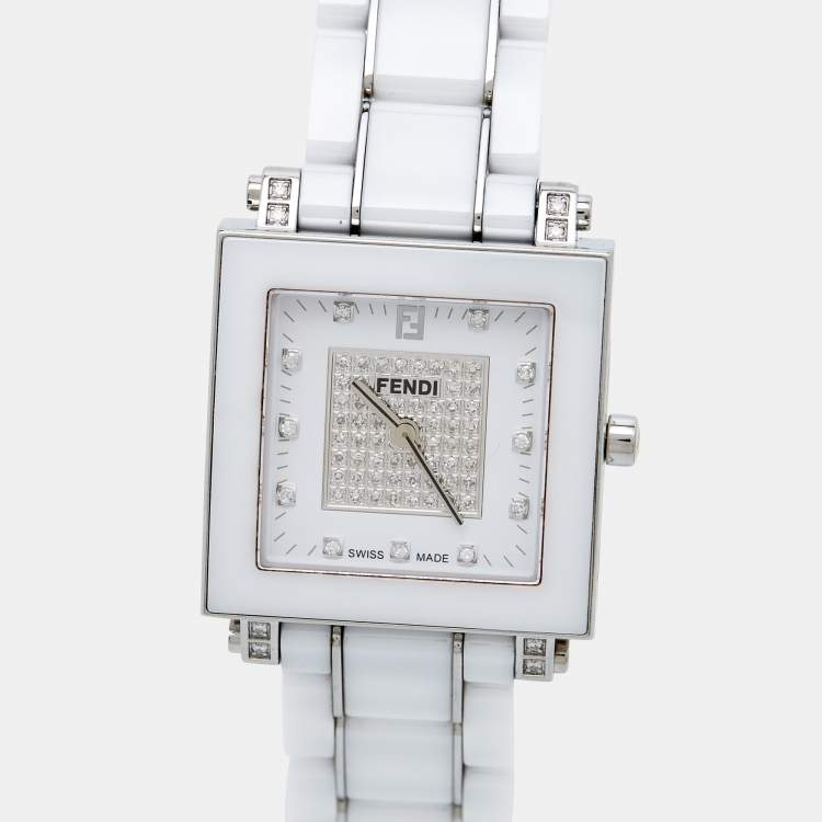Pre Owned Fendi White Ceramic Stainless Steel Diamonds Quadro 6200G Women's Wristwatch 30 mm