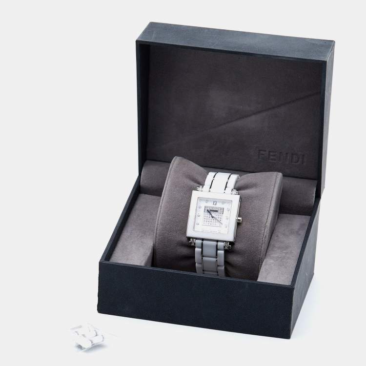Pre Owned Fendi White Ceramic Stainless Steel Diamonds Quadro 6200G Women's Wristwatch 30 mm
