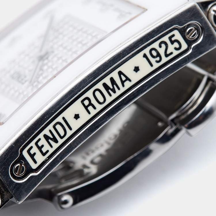Pre Owned Fendi White Ceramic Stainless Steel Diamonds Quadro 6200G Women's Wristwatch 30 mm