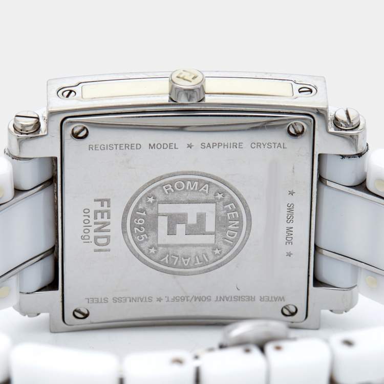 Pre Owned Fendi White Ceramic Stainless Steel Diamonds Quadro 6200G Women's Wristwatch 30 mm