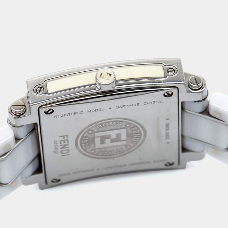 Pre Owned Fendi White Ceramic Stainless Steel Diamonds Quadro 6200G Women's Wristwatch 30 mm