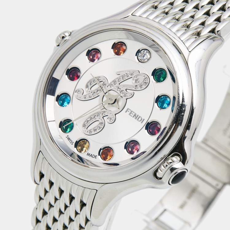 Pre Owned Fendi Silver Stainless Steel Diamond Colored Sapphire Crazy Carats 10500M Women's Wristwatch 38 mm
