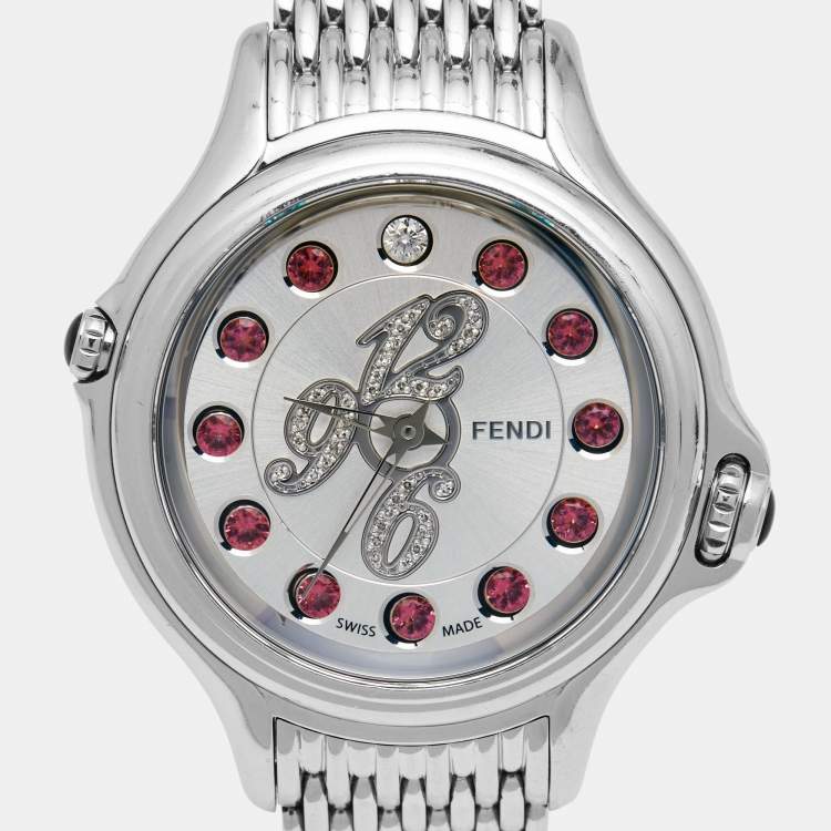 Pre Owned Fendi Silver Stainless Steel Diamond Colored Sapphire Crazy Carats 10500M Women's Wristwatch 38 mm