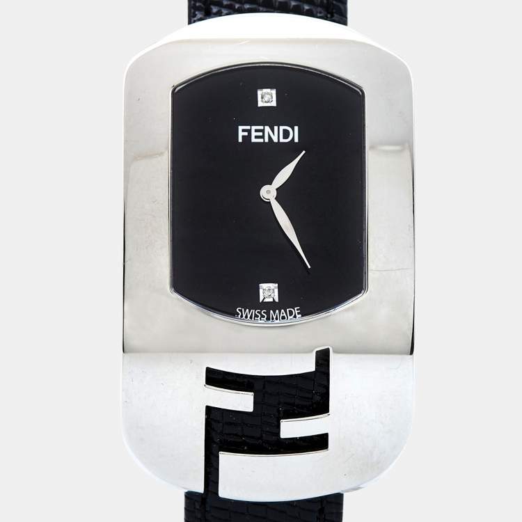 Pre Owned Fendi Black Stainless Steel Lizard Skin Leather Diamond Chameleon 30000M Women's Wristwatch 29 mm