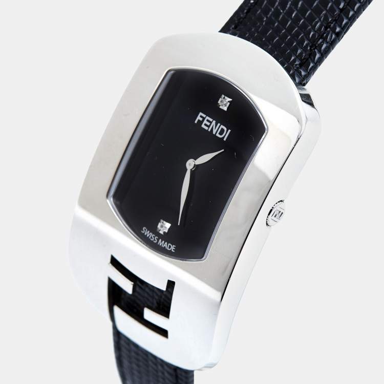Pre Owned Fendi Black Stainless Steel Lizard Skin Leather Diamond Chameleon 30000M Women's Wristwatch 29 mm