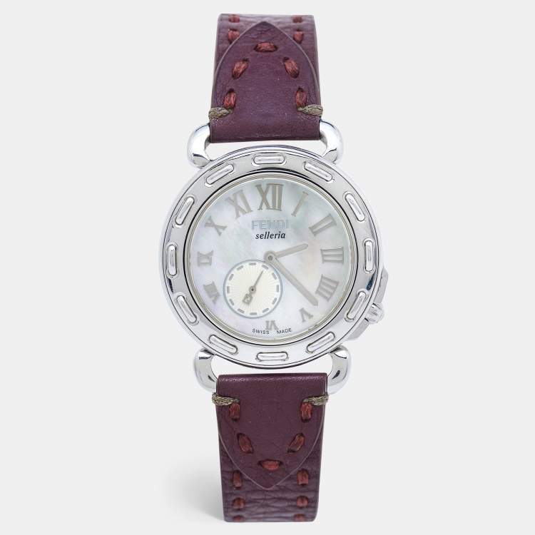 Pre Owned Fendi Mother of Pearl Leather Stainless Steel Selleria 8100M Women's Wristwatch 37 mm 