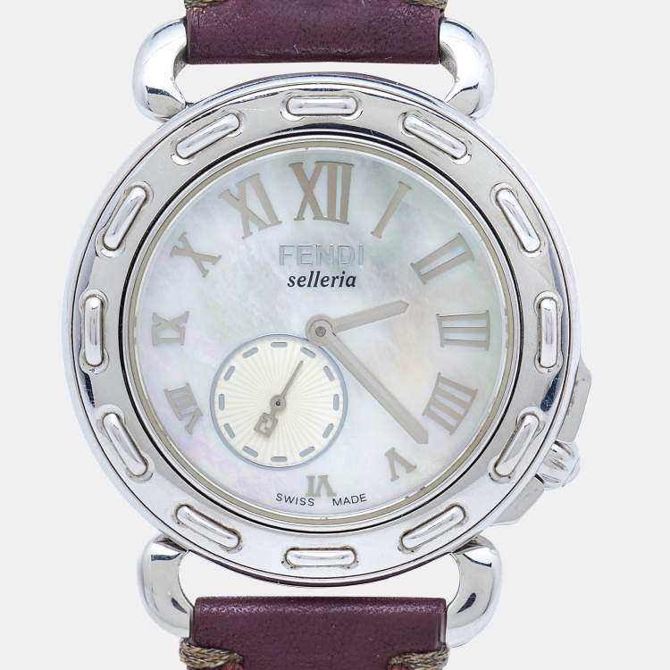 Pre Owned Fendi Mother of Pearl Leather Stainless Steel Selleria 8100M Women's Wristwatch 37 mm 