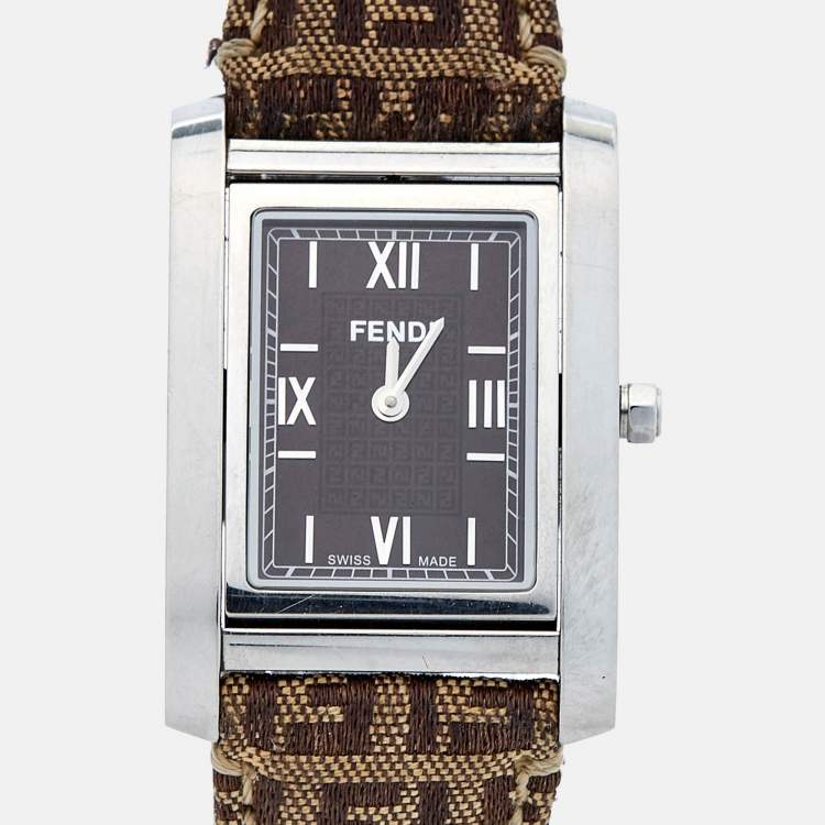 Pre Owned Fendi Brown Stainless Steel Canvas 7600M Women's Wristwatch 27 mm