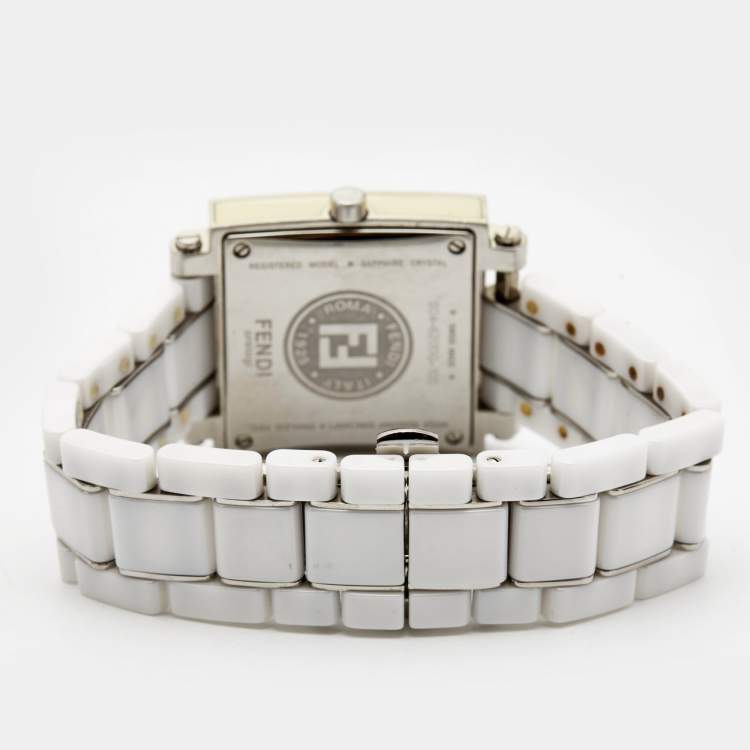 Pre Owned Fendi White Ceramic Diamonds Stainless Steel Quadro 6200G Women's Wristwatch 30 mm