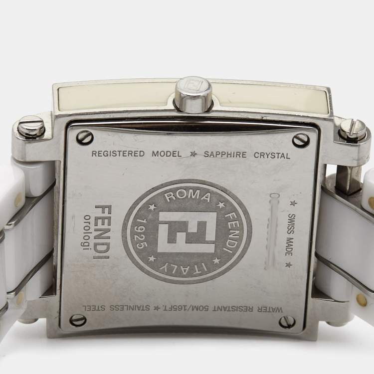 Pre Owned Fendi White Ceramic Diamonds Stainless Steel Quadro 6200G Women's Wristwatch 30 mm
