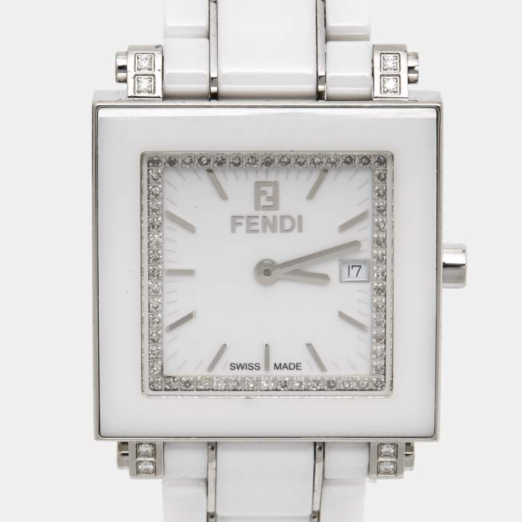Pre Owned Fendi White Ceramic Diamonds Stainless Steel Quadro 6200G Women's Wristwatch 30 mm