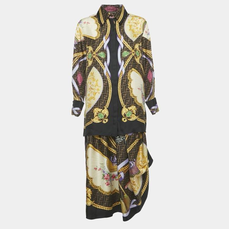 Pre Owned Fendace Brown Baroque Print Silk Top & Skirt Set M/L  