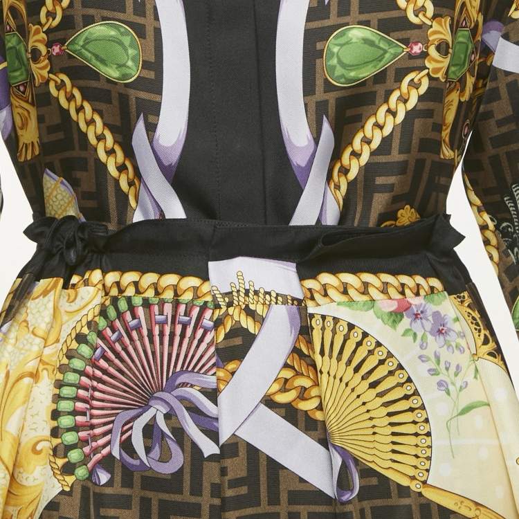 Pre Owned Fendace Brown Baroque Print Silk Top & Skirt Set M/L  