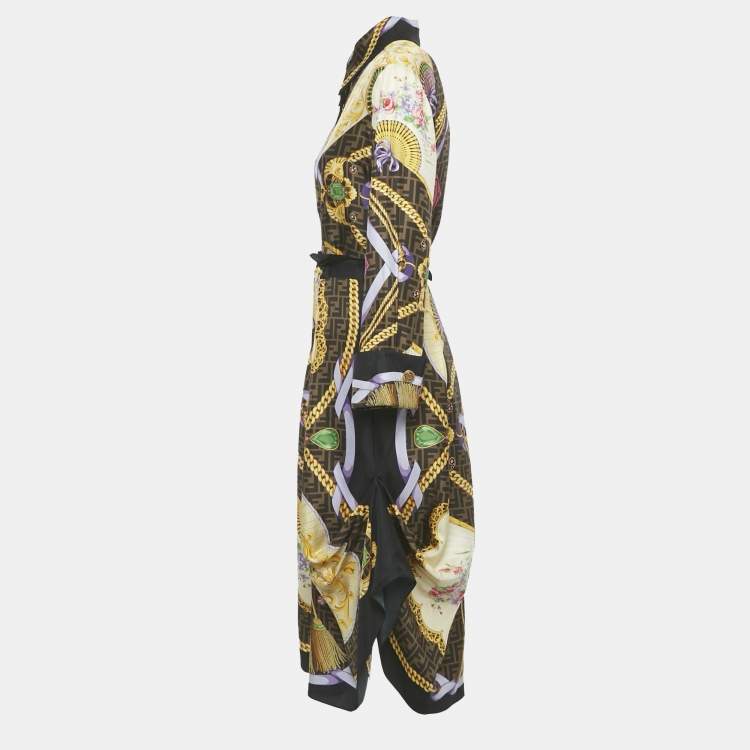 Pre Owned Fendace Brown Baroque Print Silk Top & Skirt Set M/L  