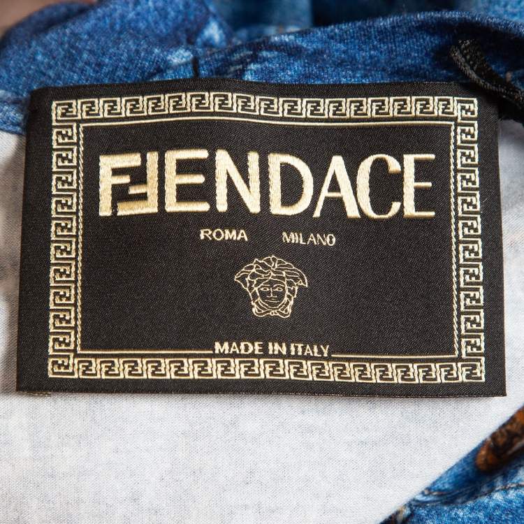 Pre Owned Fendi x Versace Blue Denim Print Logo Embellished Jersey T-Shirt M